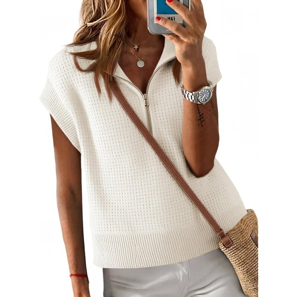 Women's Cropped Knit Top Lightweight Half Zip Cap Sleeve Sweater Vest